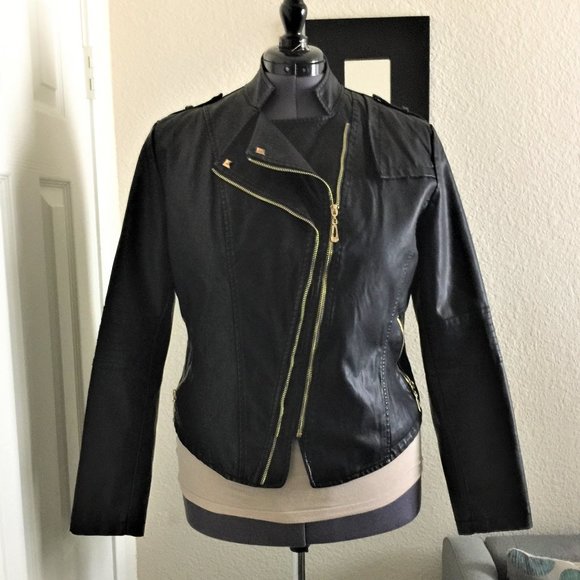 Jackets & Blazers - Black Vegan Leather Jacket with Gold Zipper Detail